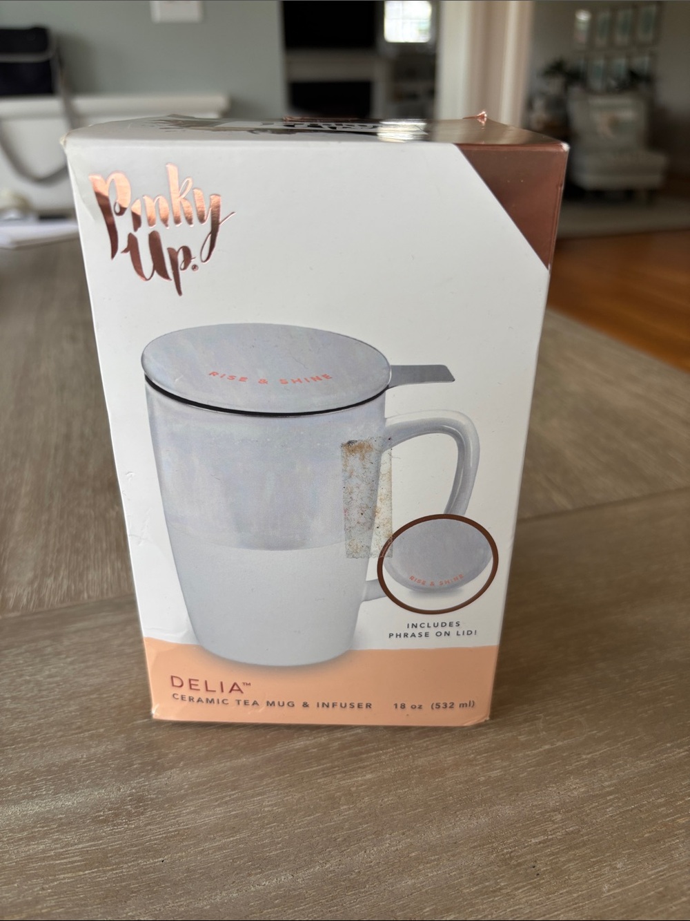 Pinky Delia Ceramic Tea Mug with Infuser and Lid - White with Rose Gold Accents